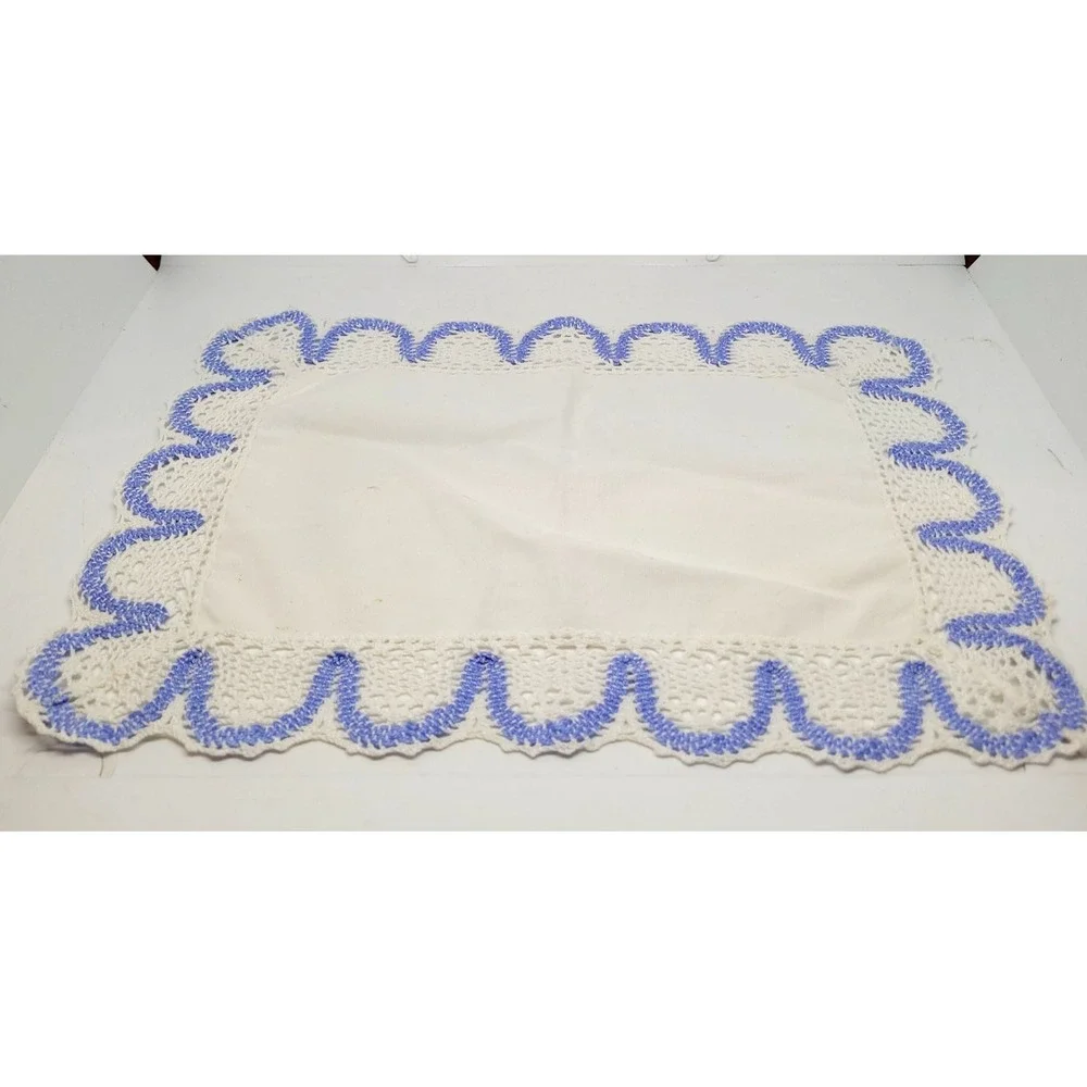 Vintage Set of 3 Crocheted Table Runner Placemat Potholder Blue White
